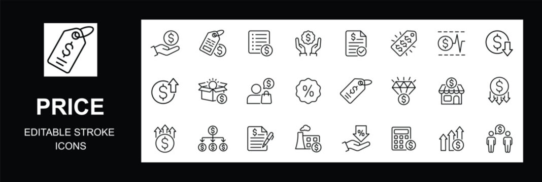  Price icons set, featuring budget calculator, expensive, cost, price down, list price, shopping insight, special offers, estimate, low price, retail, Editable stroke. Vector illustration