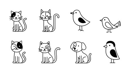 Charming minimalist animal outline vector icons, a delightful collection featuring cute cats, friendly dogs, and cheerful birds, perfect for modern design concepts