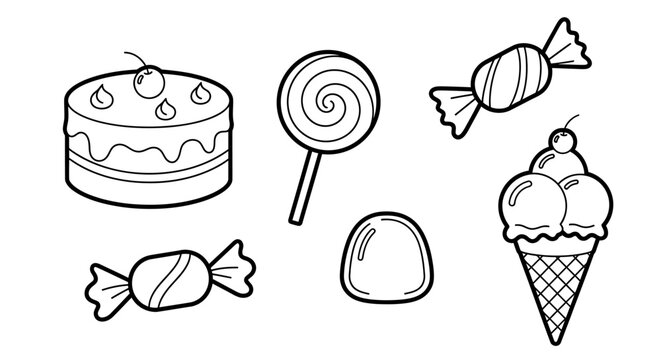 A delightful collection of sweet treats and desserts, including cake, ice cream, and candy, presented as a black and white line art illustration set