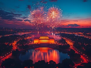 Spectacular fireworks illuminate the night sky over a grand historic landmark and city skyline with reflections in water