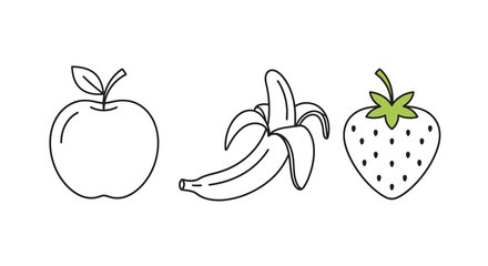 Simple Fruit Trio An Apple, Banana, and Strawberry in Black and White Outline