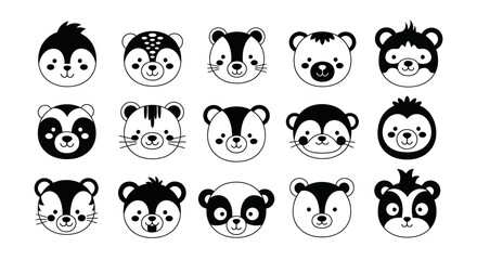 Adorable Collection of Minimalist Black and White Animal Face Avatars for Modern Design Projects and Cute Digital Illustrations