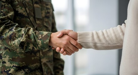 Soldier in uniform shaking hands with a civilian