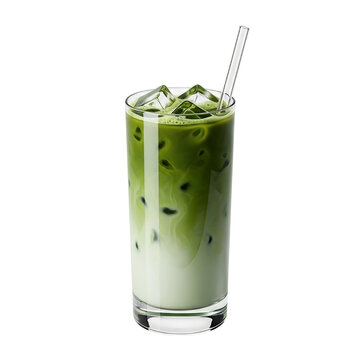 Refreshing iced matcha latte with milk and ice