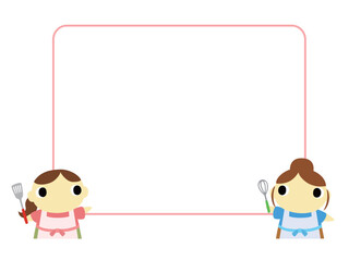 案内をするエプロン姿の女性　吹き出し　四角フレーム