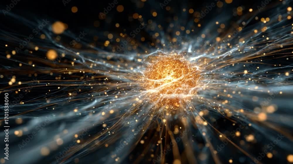 Poster abstract digital art featuring glowing particles in motion with bright sphere at center creating ene