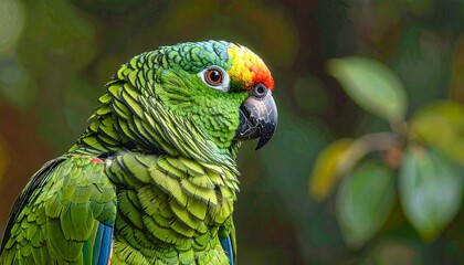 A close-up profile view of a vibrant green parrot, showcasing intricate feather patterns and a striking array of colors, from deep greens to vivid yellows, reds, and blues.