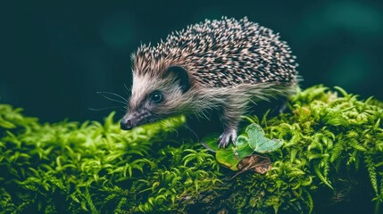 Fototapeta premium Hedgehog Walking on Green Moss with Leaf in Natural Forest Setting