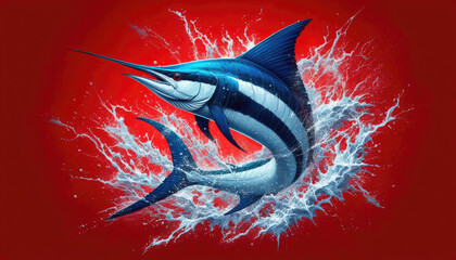 Intense Atlantic blue marlin erupts from waves on red gradient with foam. Perfect for sport fishing outfits, tees, souvenirs, embodying angling hobby
