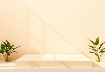 Empty beige stage, square podium, minimal nature shadow, cosmetic mockup,  shadow,  pedestal