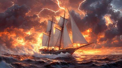 Obraz premium Ship Sailing During a Storm with Lightning