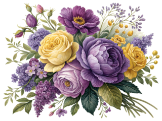 Purple lavender yellow floral arrangement isolated on a transparent background bouquet