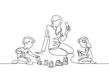 Continuous one line drawing a woman accompanies a girl and a boy sitting playing with building blocks on the floor. Play together. Child Care Provider Day. Single line draw design vector illustration