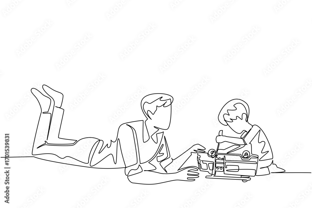 Poster single continuous line drawing a man lying on the floor accompanying a boy who is fixing a toy car. 