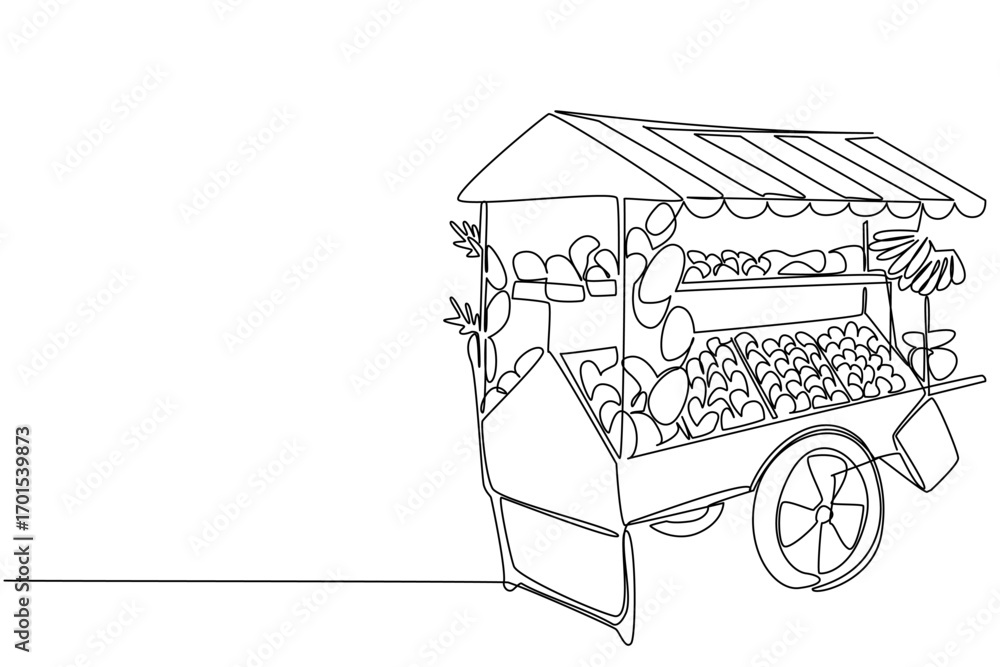 Poster continuous one line drawing a cart with wheels, filled with various kinds of fruits. a mobile fruit 