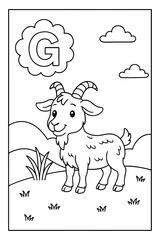 Alphabet coloring page with letter G and a cute goat for children learning activities.