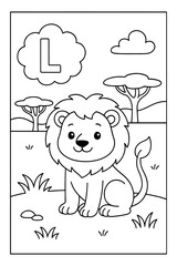 Alphabet coloring page with letter L and a cute lion sitting in the savanna, great for preschool kids learning and fun activities.