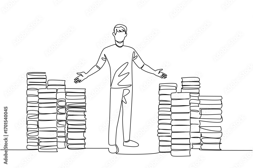 Aufkleber continuous one line drawing a number of stacks of books and a man standing with a welcome gesture. o