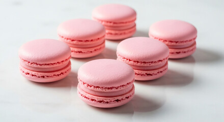 Obraz premium A delightful arrangement of six exquisite pink macarons, showcasing their delicate texture and vibrant color, perfect for a sweet indulgence or elegant celebration.