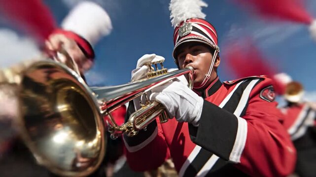 Young musician performing passionately with trumpet in marching band during vibrant outdoor event with crowd
