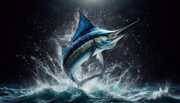 Majestic Atlantic blue marlin soars above waves with dramatic splash on black backdrop. Ideal for sport fishing gear, tees, souvenirs, embodying fishing passion