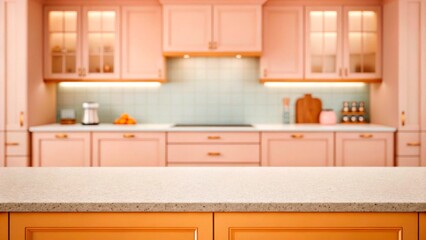 Bright and modern kitchen interior featuring peach cabinets and a spacious countertop for meal preparations