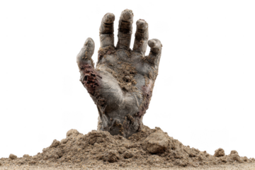 A decayed, dirt-covered hand emerges from soil against a black background, evoking themes of horror, resurrection, or the undead.