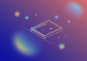 書籍が開かれ宇宙空間を漂う様子を描写したイラストレーション