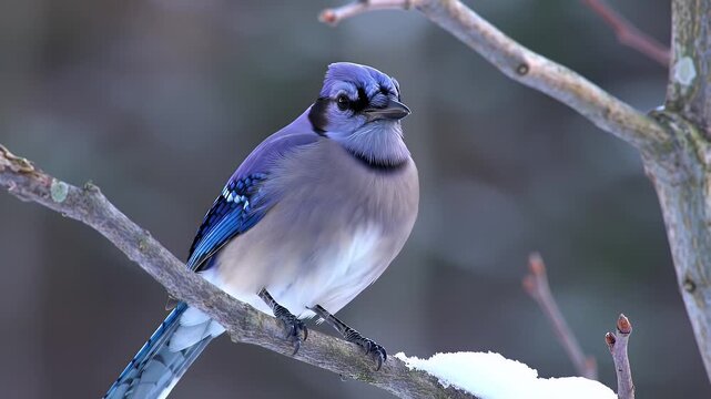 A lovely blue jay perched on a branch, adorned with winter snow.
