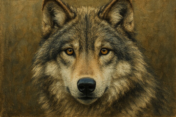 Majestic wolf face in nature: A stunningly realistic portrait of a wolf stares intensely into the camera, capturing the power and intelligence of this magnificent creature in a painterly style.