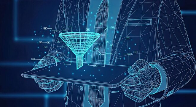 Businessman Holding Tablet with Funnel for Data Analytics