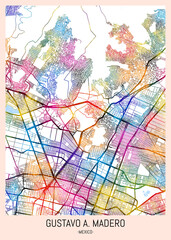 Obraz premium Gustavo A. Madero Mexico City Map. downtown tourism, house art travel, scenic metropolis concept, travel art city, patriotic abstract banner