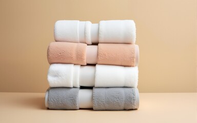 Stacked Bath Towels in Neutral Colors on Beige Background. High quality