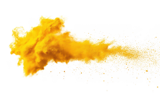 Golden yellow dust cloud explosion effect, particle stream, glittering sparkles, magic powder, abstract design element isolated on transparent background