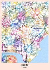 Obraz premium Jiaxing China City Map. downtown tourism, house art travel, scenic metropolis concept, travel art city, patriotic abstract banner