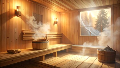 A tranquil, warm wooden sauna room filled with steam, showcasing a scenic view of a forest outside the window.