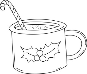 Doodle winter hot drink nwith candy cane. Hot cocoa mug. Cup of cocoa decorated with holly. Winter Christmas hot chocolate. Eggnog. Vector illustration.