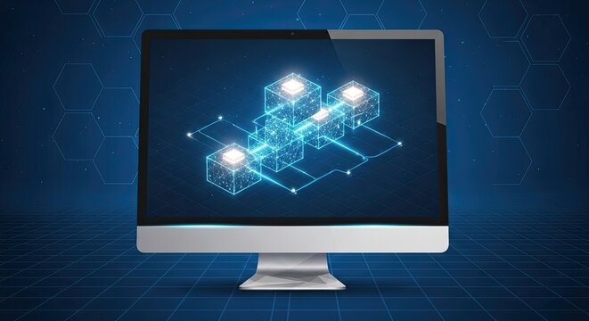 Digital Isometric Blockchain Icon on a Computer Screen