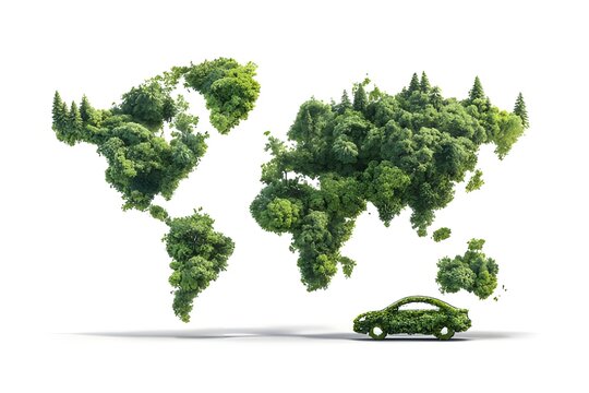 Eco-friendly concept with world map made of trees and green car, symbol of sustainability, renewable energy and environmental protection