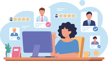 Human resources recruitment process illustration, hiring manager evaluating candidates on computer, job interview selection, online resume review, employment career management concept.