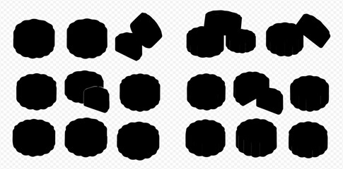 A collection of black cylindrical shapes arranged in two groups, some stacked or tilted, against a white background.