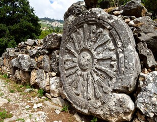 Ancient stone carving in a stone wall