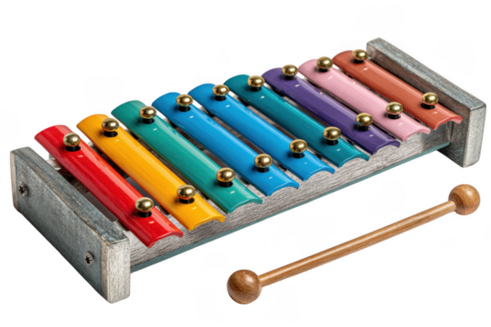A colorful wooden xylophone toy with eight metal bars in rainbow colors and a wooden mallet.