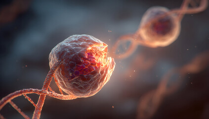 Cancer cell dividing and spreading along dna strand in a microscopic view representing disease progression and cellular biology, with a somber and scientific mood.