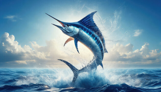 Energetic Atlantic blue marlin jumps with lightning effect and splashes on cloudy sky. Perfect for sport fishing outfits, tees, souvenirs, showcasing dynamic hobby