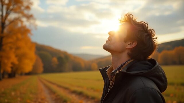 A person standing in an open field, gazing upwards