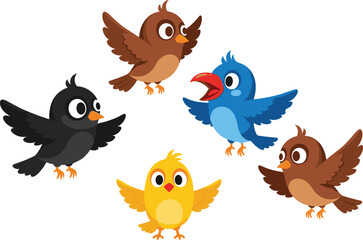 Colorful cartoon birds vector illustration, cute flying sparrow clipart, happy animal design, adorable bird artwork, wildlife drawing, nature character set.