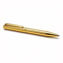 A golden ballpoint pen with a reflective surface and a clip, lying horizontally,