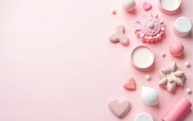 Fototapeta premium Pink and White Flatlay Composition of Various Small Objects. High quality