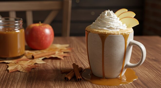 Warm Autumn Beverage with Whipped Cream, Caramel Drizzle, and Slices of Fresh Apple